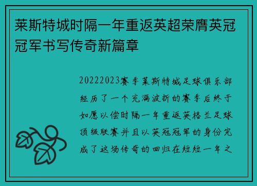 莱斯特城时隔一年重返英超荣膺英冠冠军书写传奇新篇章 莱斯特城时隔一年重返英超荣膺英冠冠军书写传奇新篇章